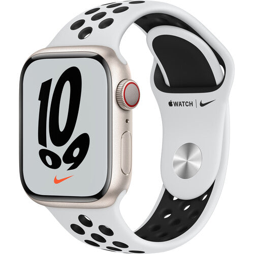 Apple Watch Nike Series 7 41mm (GPS + Cellular) - Starlight Aluminum Case with Pure Platinum/Black Nike Sport Band - MKHL3LL/A
