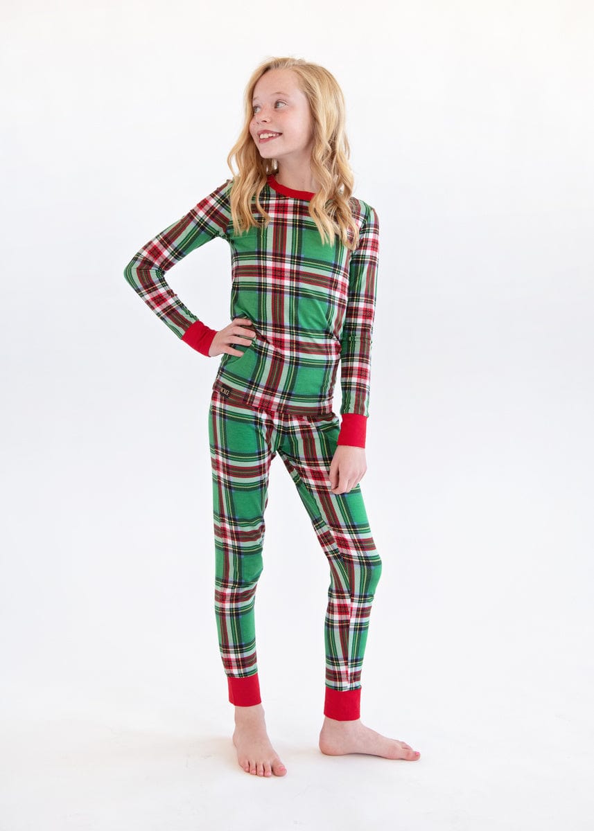 Snug-Fitting Unisex Tween Matching Set - Green Plaid